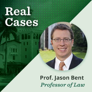 Featured image for podcast blog 'Real Cases' with Jason Bent, Professor of Law. Includes his headshot on a green background featuring a historic building and palm trees.