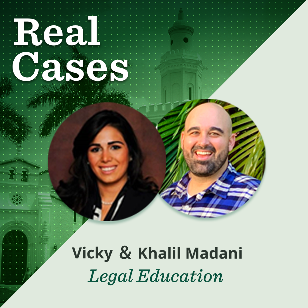 Featured image for podcast blog 'Real Cases' with Vicky and Khalil Madani, focusing on Legal Education. Includes their headshots side by side, set against a green background with a historic building and palm trees.