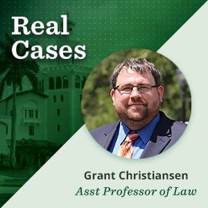 Featured image for podcast blog 'Real Cases' with Grant Christensen, Asst. Professor of Law. Includes his headshot on a green background with a historic building and palm trees.